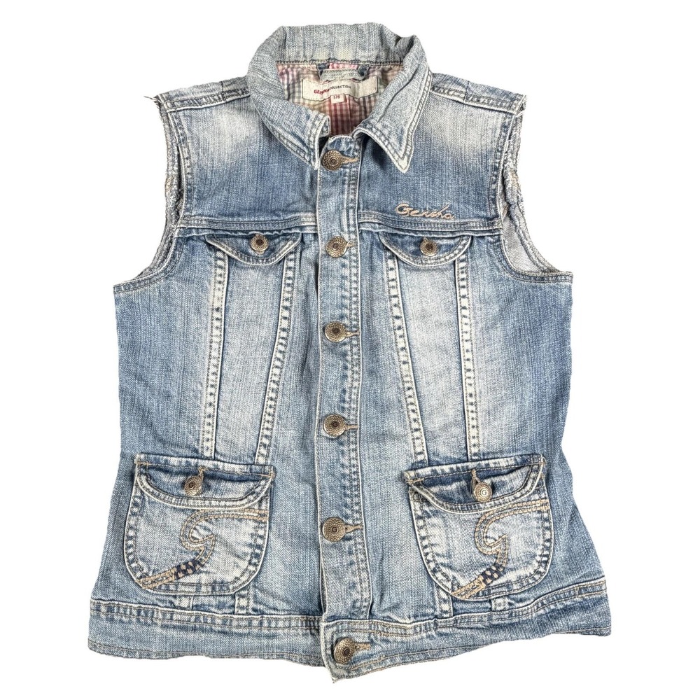 Geisha Collection Vest Girls 176 Blue Denim Button Front Pockets Embroidered